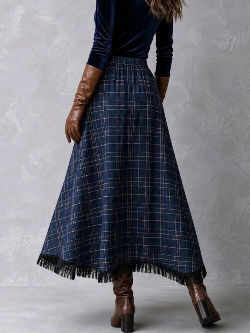 Navy Blue Plaid Asymmetrical Hem Skirt Autumn Outfit Cowgirl Outfits For Women - Picture 2 of 7
